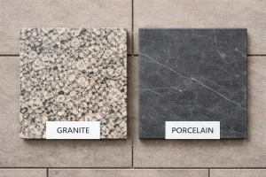 Granite and porcelain outdoor kitchen countertop material samples compared at DreamStone Kitchen showroom